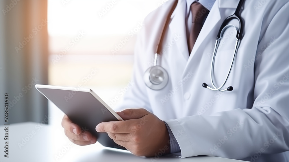 doctor with a tablet. typing or research with online results doctor with a tablet. typing or research with online results