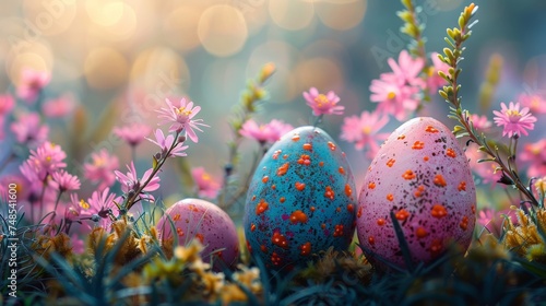 soft easter background with colorful eggs and flowers