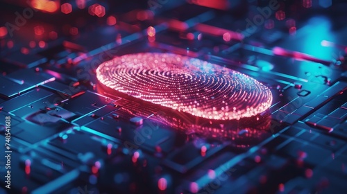 A holographic 3D fingerprint scanner glowing