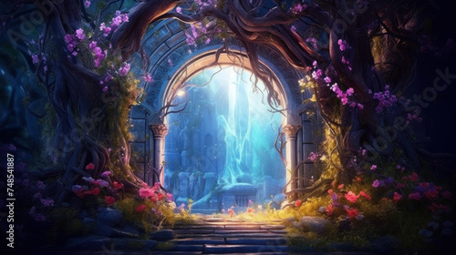 Enchanted forest gateway with mystical flowers and lighting. Fantasy world exploration. photo