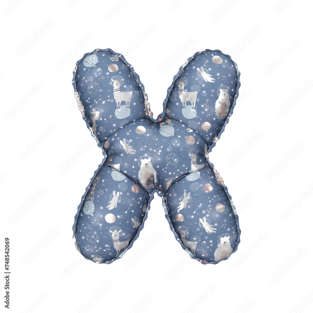 3D inflated balloon letter X with blue and mellow colored alpacca astronaut space pattern 3D inflated balloon letter X with blue and mellow colored alpacca astronaut space pattern