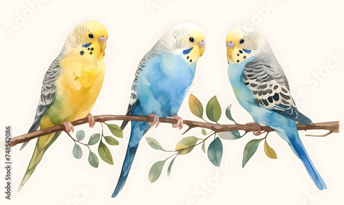 Cute budgerigars collection, Watercolor illustration, Generative AI 