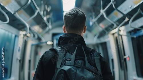  A man with a sports bag traveling on a subway