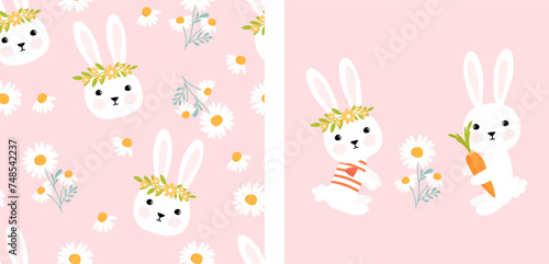 Seamless pattern with bunny rabbit cartoons and cute camomile on pink background vector illustration.