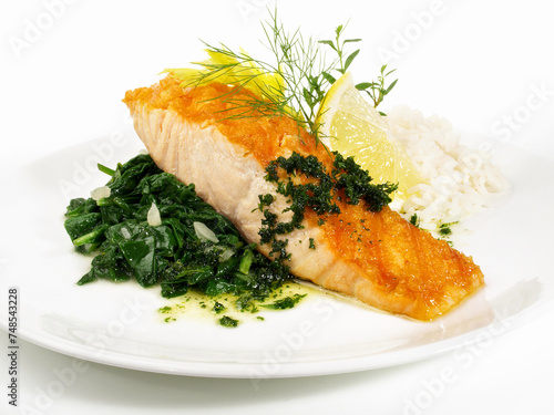 Salmon with Spinach and Rice - Fish Fillet Isolated