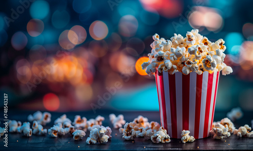 popcorn at the cinema wallpaper with copy space and blurred background  photo