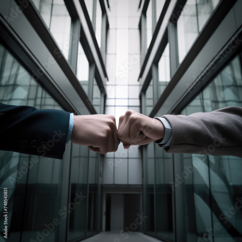 Two professionals engaging in a fist bump in a corporate setting.