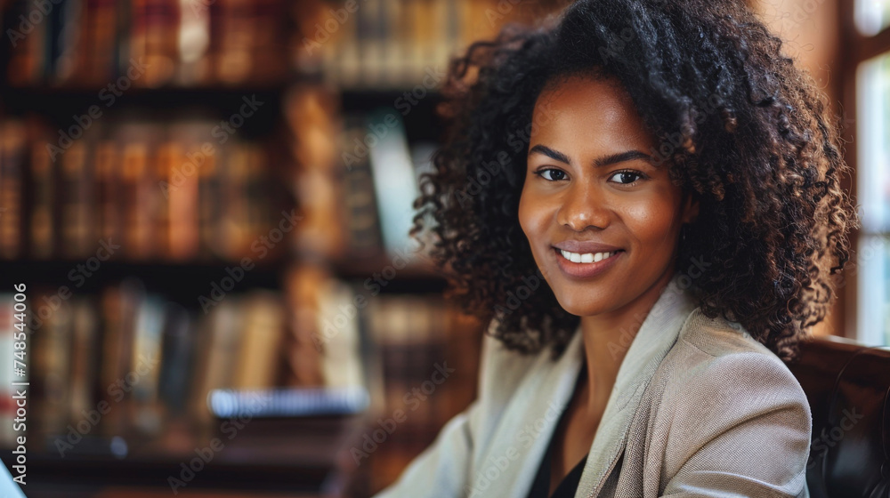 Smiling black lawyer in law school or law library expresses her hapiness Smiling black lawyer in law school or law library expresses her hapiness