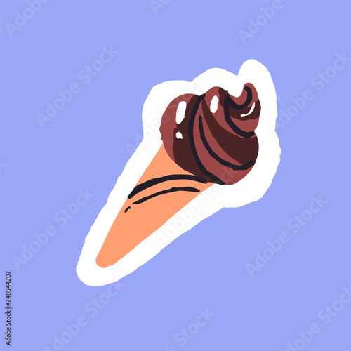 Ice cream in waffle cone sticker. Gelato, sorbet in wafer. Chocolate icecream icon. Frozen dessert, cold sweet, confection. Refreshing delicious food. Flat hand drawn isolated vector illustration
