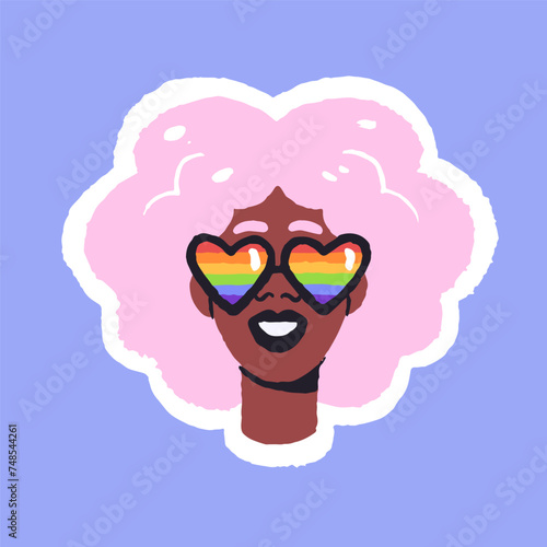 Lesbian in heart shaped sunglasses. Happy girl in glasses with LGBT pride flag, rainbow. Queer woman with pink afro hair smiles. Homosexual, LGBTQ sticker. Flat hand drawn isolated vector illustration