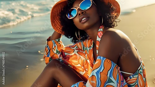 The retro beachgoer A bucket hat with a 70sinspired print paired with a coverup and platform sandals transporting to a vintage era by the seaside. photo