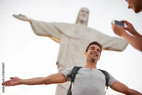 Konstfotografi Man, photo and travel by christ the redeemer, crucify and happy in christian culture on vacation