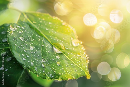 Large beautiful drops of transparent rain water on a green leaf macro. Drops of dew in the morning glow in the sun. Beautiful leaf texture in nature. Natural background