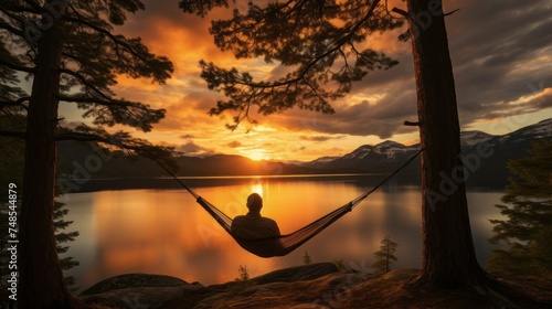 The silhouette of a man relaxing in a hammock between two pine trees, enjoying a beautiful view of the lake and the Sunset. Summer Holidays, Travel, Vacations, Landscape concepts.