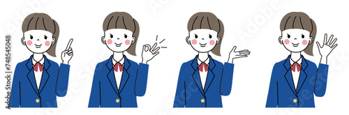 笑顔でいろんな表情をしている女子高校生の上半身イラストセット