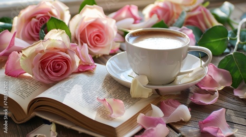 A romantic setting of a book, coffee, and flowers