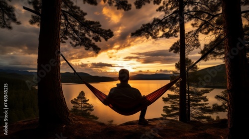 A rear view of the silhouette of a man relaxing in a hammock between two pine trees  enjoying a beautiful view of the lake and the Sunset. Summer Holidays  Travel  Vacations  Landscape concepts.
