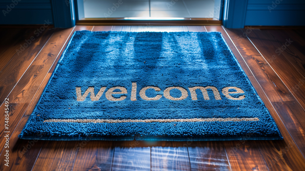 Obraz premium Welcome doormat on the wooden floor at home. Welcome concept.