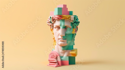 Geometric toy building set of the greek god ancient statue, yellow pink and green, composed of geometric colorful wooden constructor pieces, on plain light background.