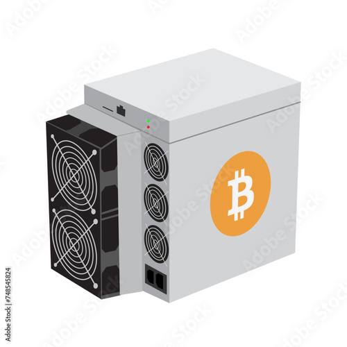 Bitcoin mining machine. Vector premium blockchain mining machine white background