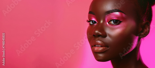 Africa model fashion, beautiful female with makeup style touch face perfect skin, natural beauty glowing smooth skin, Facial treatment, Cosmetology, plastic surgery concept. Banner in pink background