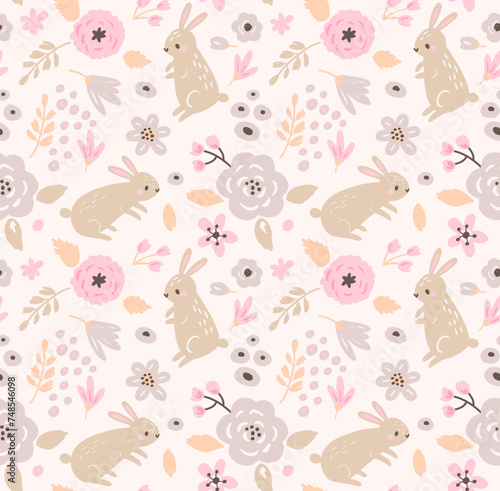 Fototapeta Naklejka Na Ścianę i Meble -  Easter pattern with bunnies and flowers