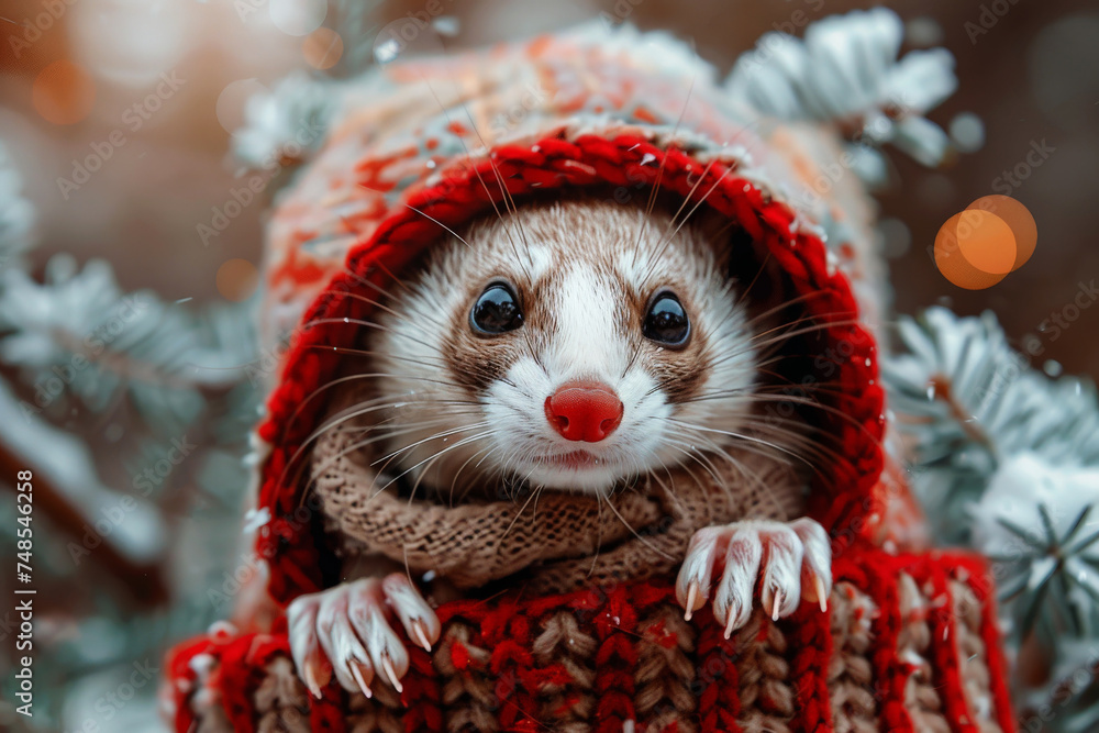 a ferret plays on a festive background.ai generative