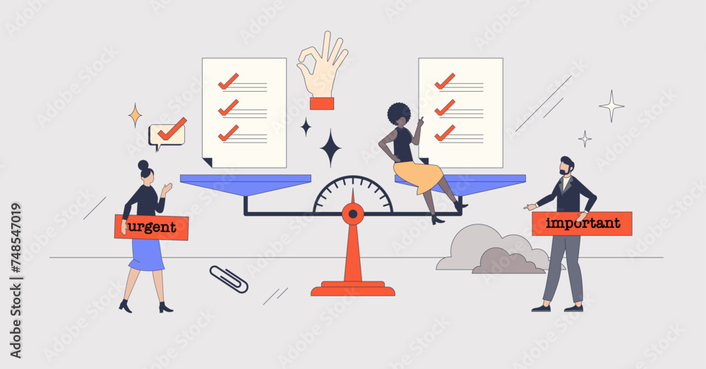 Prioritization method for effective time management retro tiny person concept. Productive work with agenda and schedule priority comparison as urgent and important tasks division vector illustration.