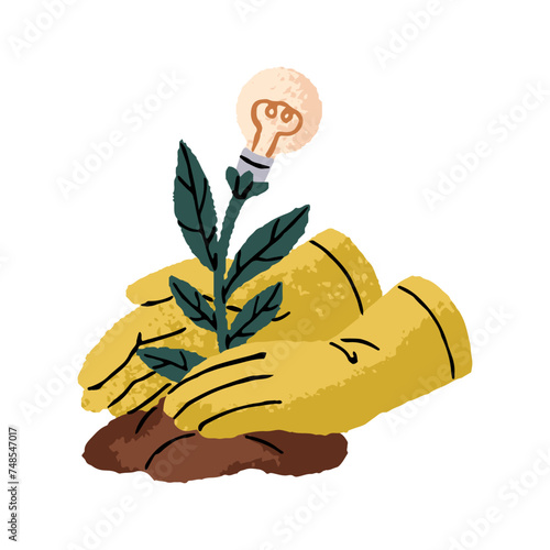 Sustainable eco friendly energy concept. Hands planting electric lightbulb, sprout of green electricity. Responsibility to save environment, ecology. Flat isolated drawing vector illustration on white