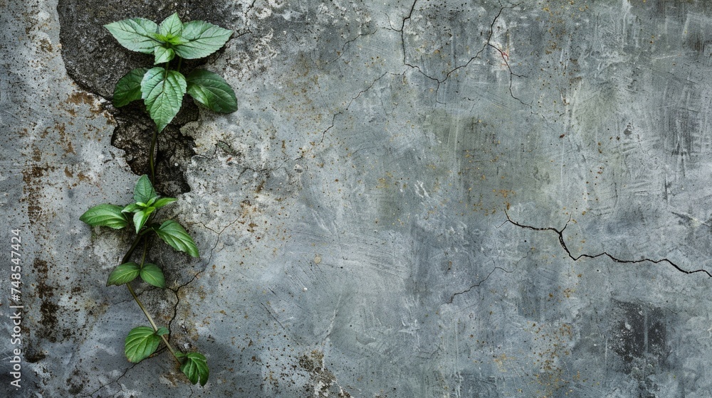 Naklejka premium A young green plant pushing through a crack in a concrete wall, symbolizing hope and resilience