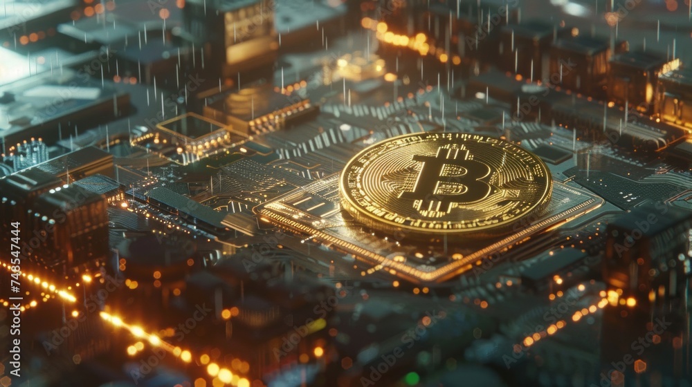 A gold Bitcoin cryptocurrency symbol stands on top of a building during a rainy day