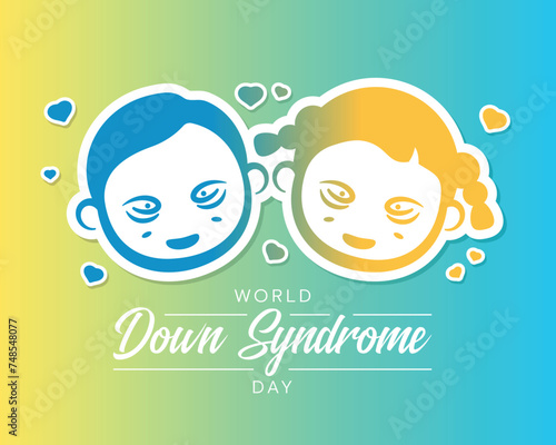 World down syndrome day - Text and blue yellow gradient boy and gilr syndrome sign with hearts around on soft blue yellow background vector design