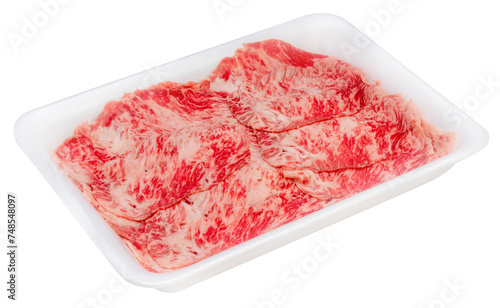 Close up Red beef, Slices Wagyu beef with marbled texturein packaging isolate on white PNG Gile. photo