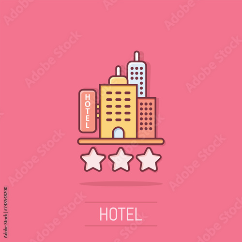 Hotel 3 stars sign icon in comic style. Inn building cartoon vector illustration on isolated background. Hostel room splash effect business concept.