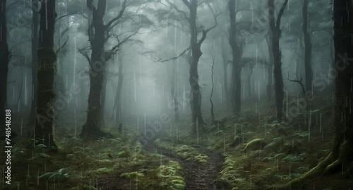 A rainy scene in a dark and silent forest. A heavy rain falls on the forest with accompanying flashes of thunder. Seamless looping animation