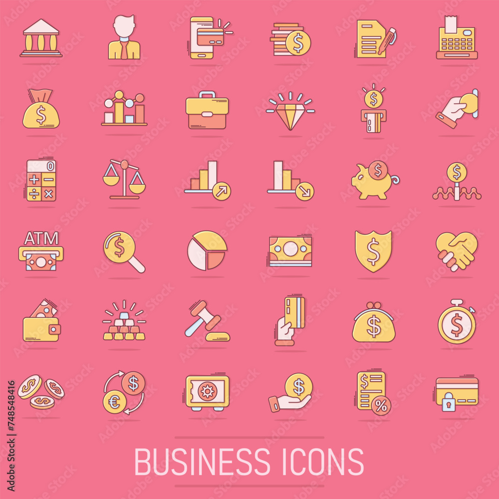 Business icon set in comic style. Finance investment cartoon vector illustration on isolated background. Financial currency splash effect business concept. Business icon set in comic style. Finance investment cartoon vector illustration on isolated background. Financial currency splash effect business concept.