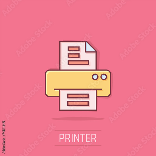 Office printer icon in comic style. Fax cartoon vector illustration on isolated background. Text printout splash effect business concept.