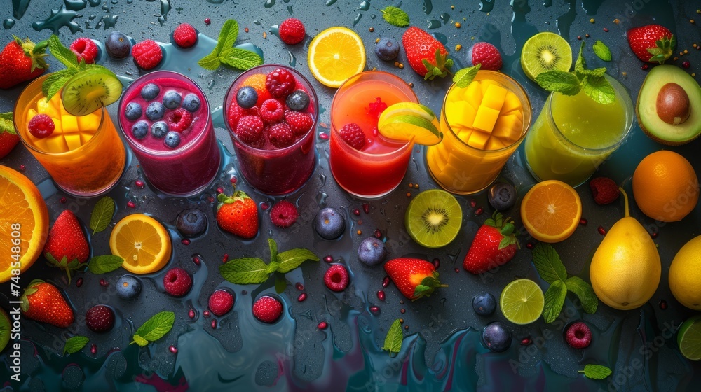 Various colored fruit and fruit infused smoothies and drinks in a row, top view.