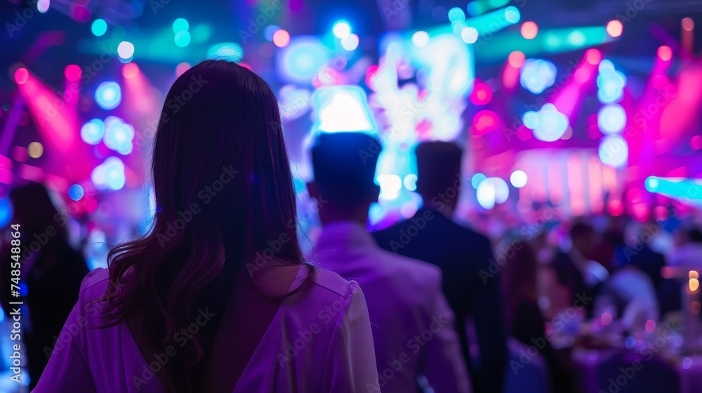 A team of event planners organizing a large event, blurred background