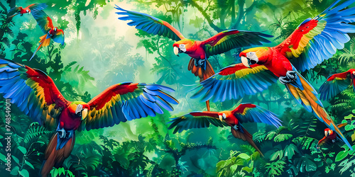 A flock of macaws is flying in a perfectly refreshed forest.