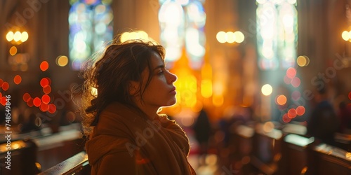 Woman Serenely Praying In Church, Surrounded By Blurred Religious Imagery photo