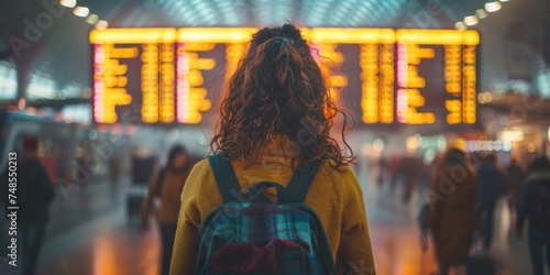 Traveler Checks Departure Board With Excitement Before Boarding In Busy Airport