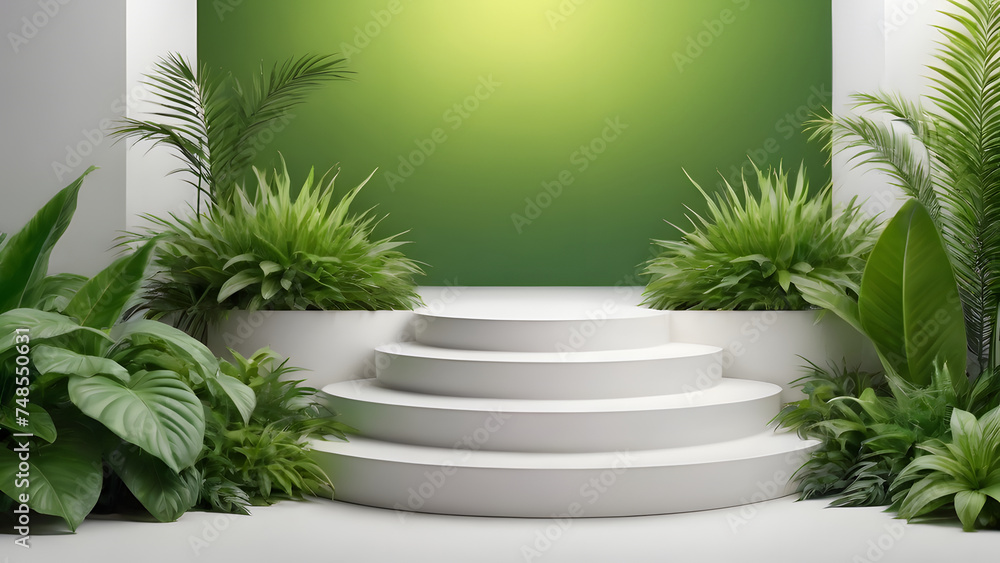 Green Oasis Podium: Background Design with Lush Green Plants, White Elements, and Natural Vibrancy. Perfect for Eco-Friendly Concepts. 16:9 Background with Space for Text or Product.