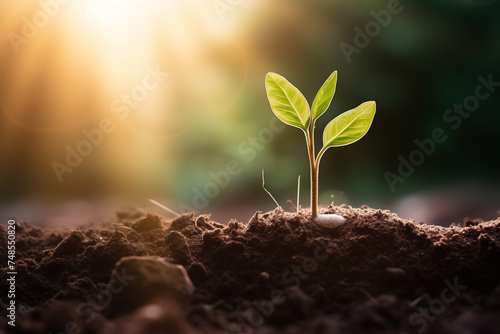 Young plants are sprouting in the soil as daylight breaks. Earth day, New beginnings, World environment day, Ecology, Green business, Net Zero, Finance and saving money for sustainability investment. photo