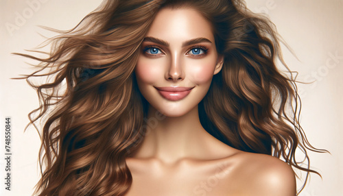 a woman with flowing long wavy light brown hair, with deep blue eyes, light makeup, and a natural, soft smile