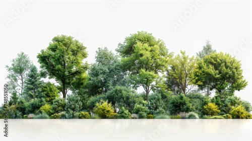 In summer, a row of green trees and shrubs is isolated on a white background. Forestscape. High quality clipping mask with trees and green foliage.