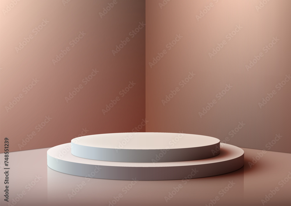 3D white podium with a slight shadow sits in front of a brown wall. Product display 3D white podium with a slight shadow sits in front of a brown wall. Product display