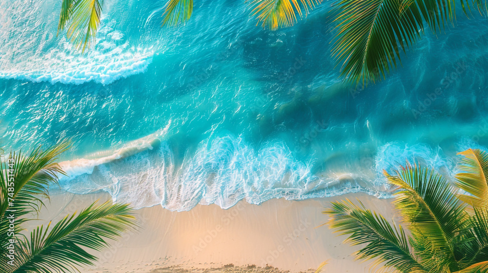 Aerial top view of Beautiful topical beach, sand, coconut palm trees and sea.
