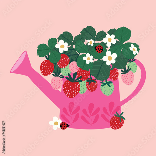 Strawberry Plant in Watering Can - Hand-drawn Clipart Illustration for Decor, Invitations, and Greeting Cards