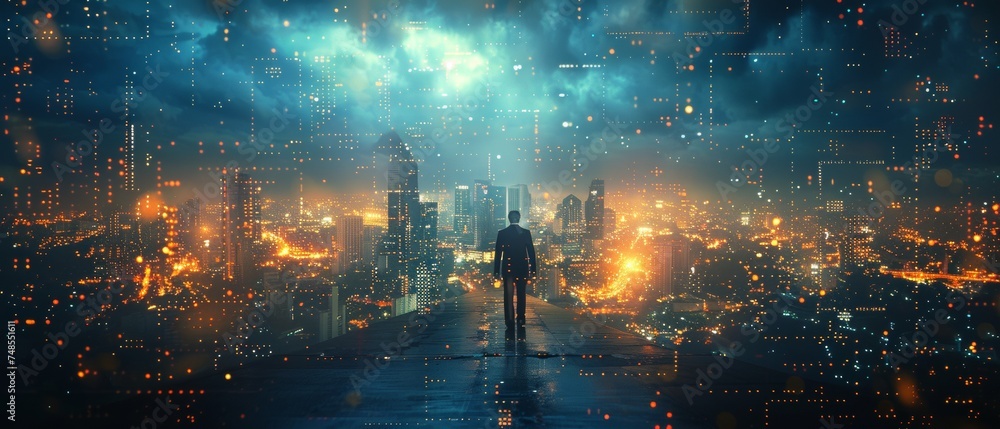 Professional businessman walking on a futuristic interface graphic and a future Pattaya city background at night, using Cyberpunk colors - obrazy, fototapety, plakaty 